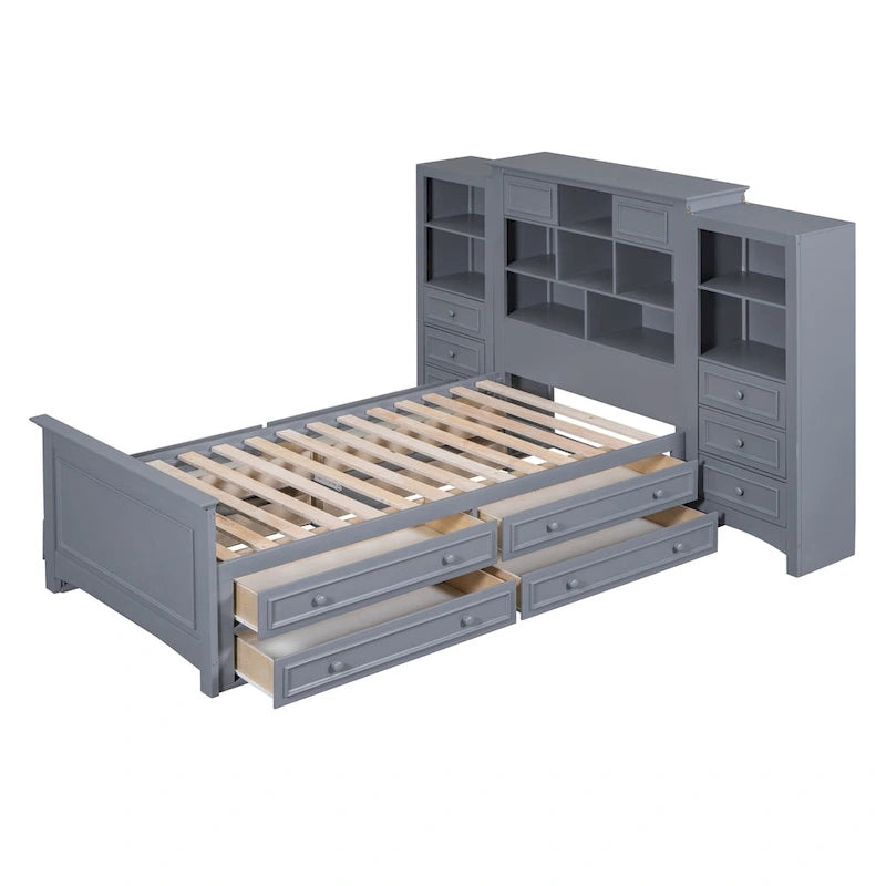 Struttura letto a piattaforma in legno matrimoniale con armadio verticale all-in-one e 4 cassetti su ogni lato
