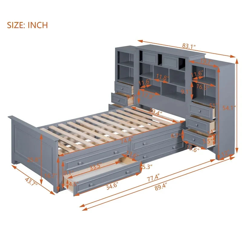 Struttura letto a piattaforma in legno matrimoniale con armadio verticale all-in-one e 4 cassetti su ogni lato