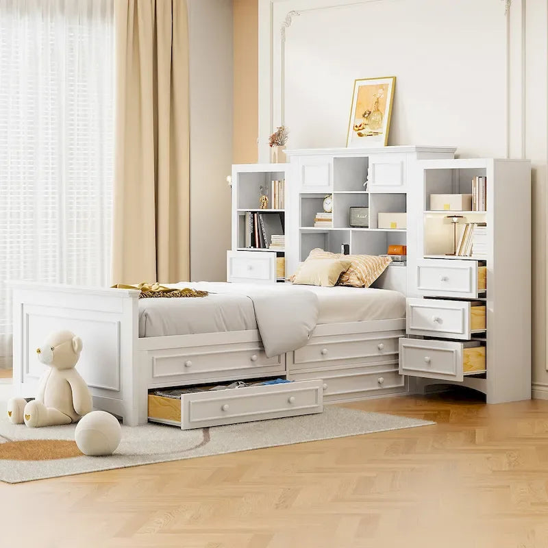 Struttura letto a piattaforma in legno matrimoniale con armadio verticale all-in-one e 4 cassetti su ogni lato