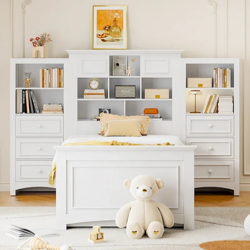 Struttura letto a piattaforma in legno matrimoniale con armadio verticale all-in-one e 4 cassetti su ogni lato