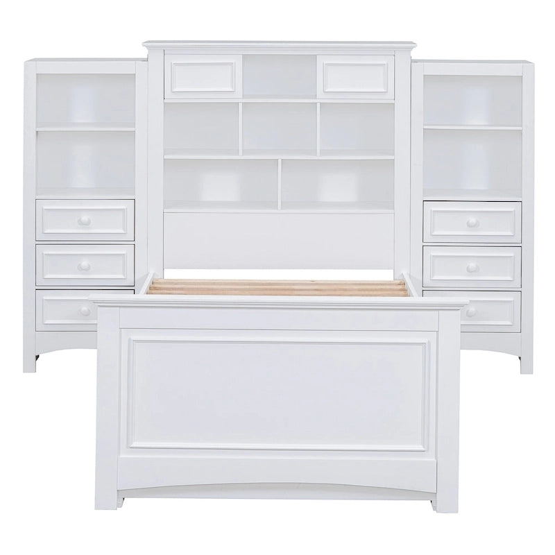 Struttura letto a piattaforma in legno matrimoniale con armadio verticale all-in-one e 4 cassetti su ogni lato