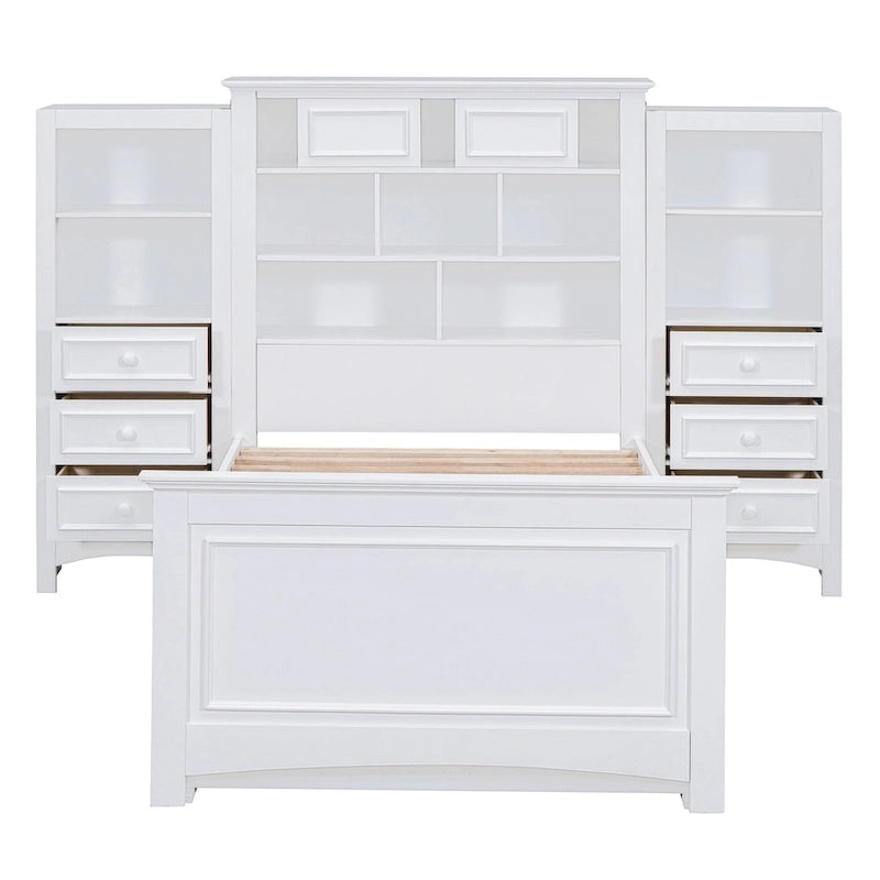 Struttura letto a piattaforma in legno matrimoniale con armadio verticale all-in-one e 4 cassetti su ogni lato