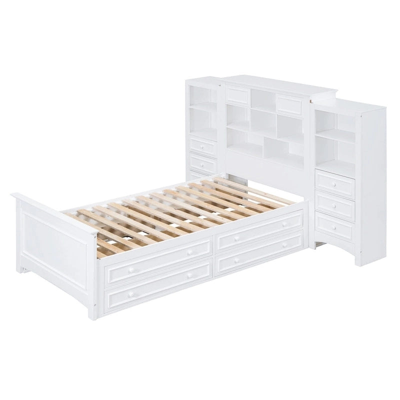 Struttura letto a piattaforma in legno matrimoniale con armadio verticale all-in-one e 4 cassetti su ogni lato