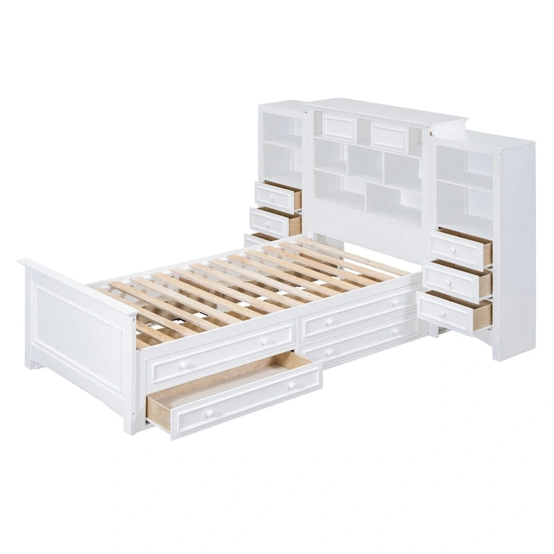 Struttura letto a piattaforma in legno matrimoniale con armadio verticale all-in-one e 4 cassetti su ogni lato