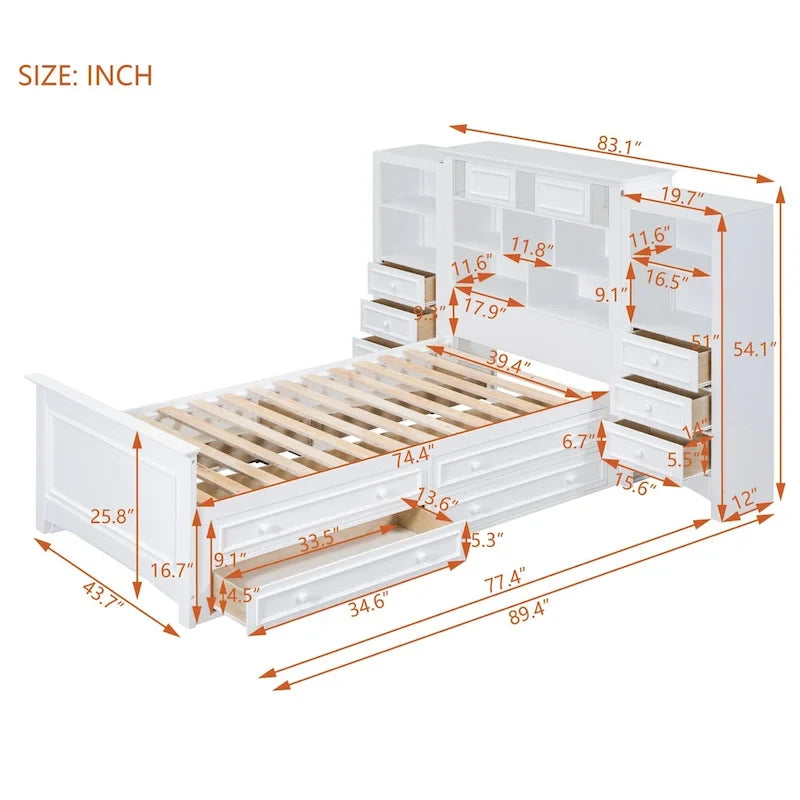 Struttura letto a piattaforma in legno matrimoniale con armadio verticale all-in-one e 4 cassetti su ogni lato