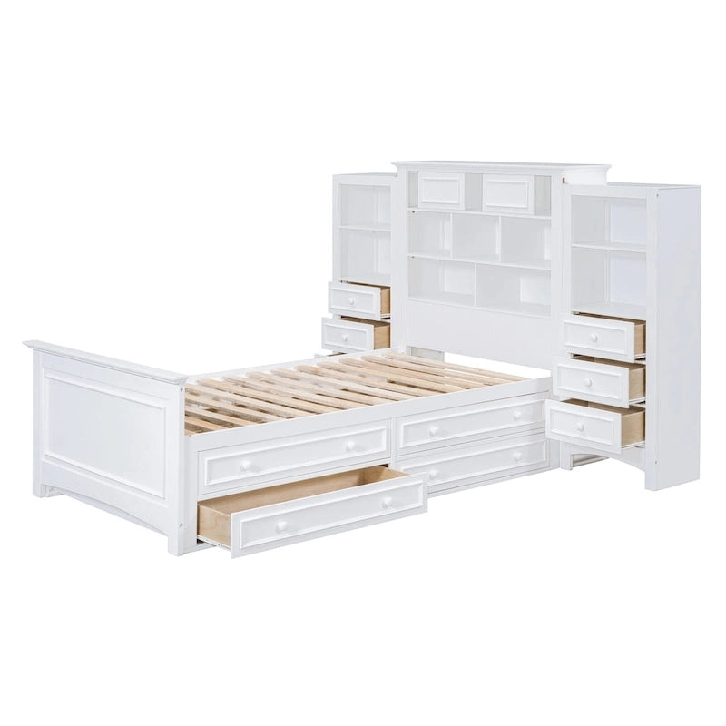 Struttura letto a piattaforma in legno matrimoniale con armadio verticale all-in-one e 4 cassetti su ogni lato