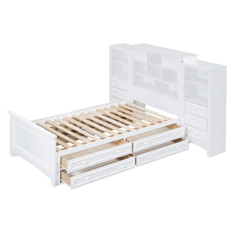 Struttura letto a piattaforma in legno matrimoniale con armadio verticale all-in-one e 4 cassetti su ogni lato