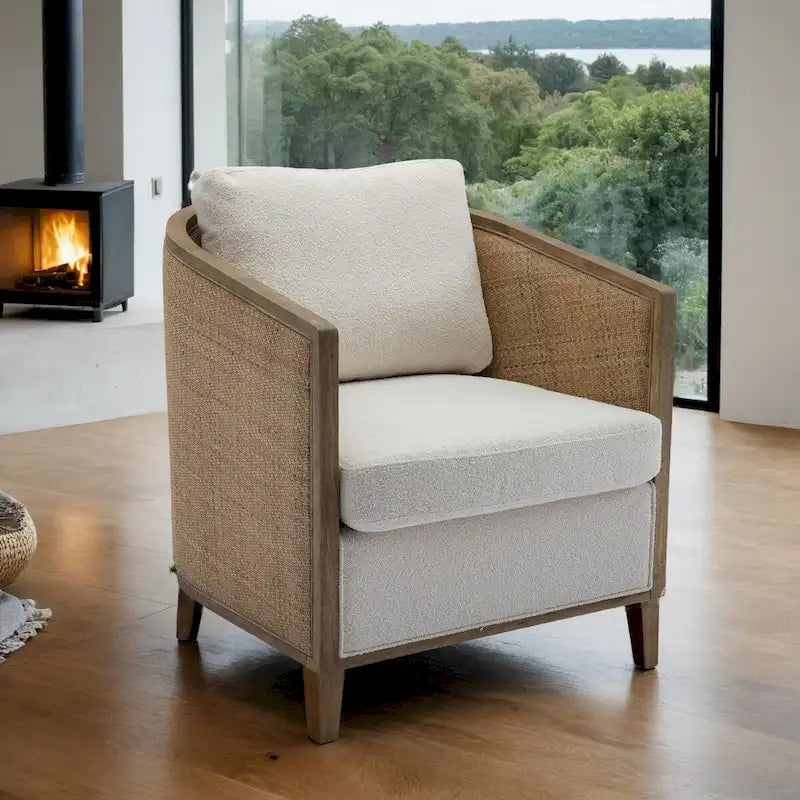 Poltrona Girevole con Botte e Design Rattan, Poltrona Singola Accento in Pelle, Poltrona Club con Cuscino, Poltrona Relax per Soggiorno