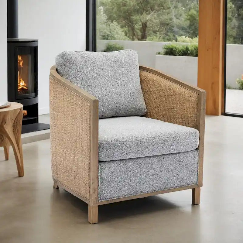Poltrona Girevole con Botte e Design Rattan, Poltrona Singola Accento in Pelle, Poltrona Club con Cuscino, Poltrona Relax per Soggiorno