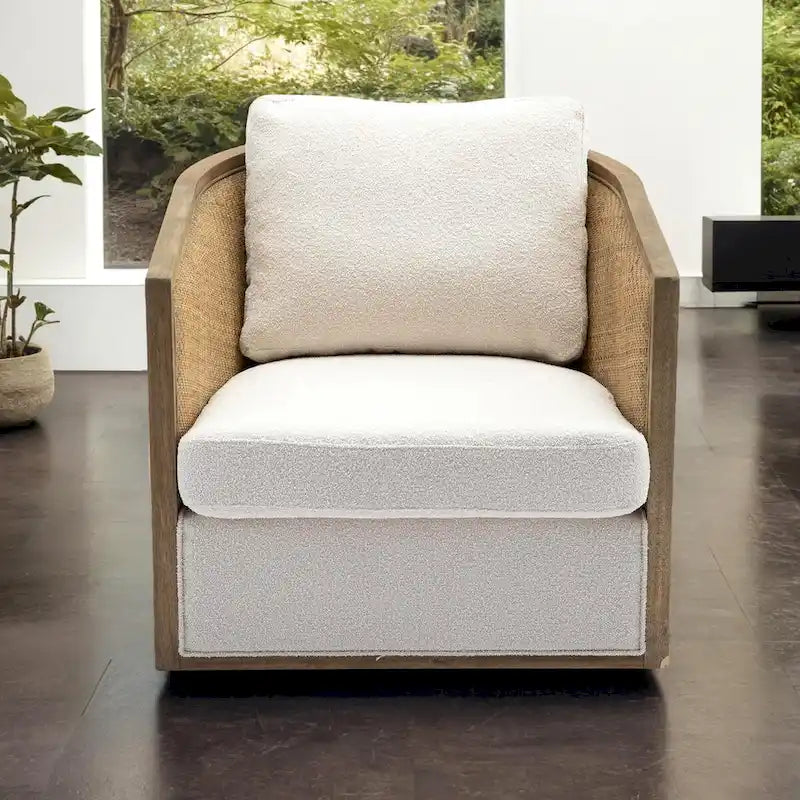 Poltrona Girevole con Botte e Design Rattan, Poltrona Singola Accento in Pelle, Poltrona Club con Cuscino, Poltrona Relax per Soggiorno