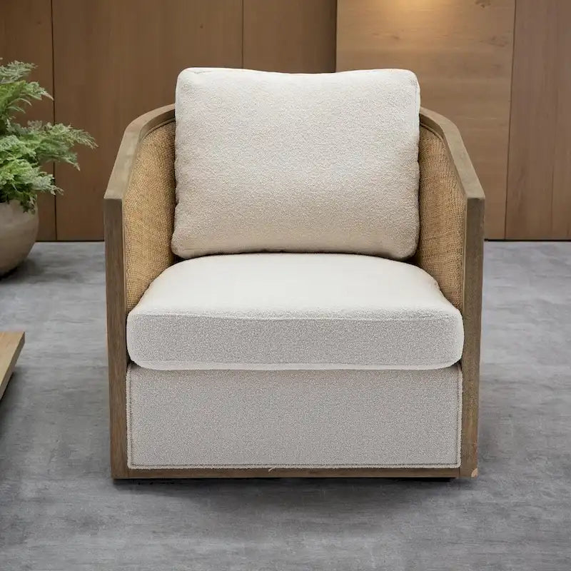 Poltrona Girevole con Botte e Design Rattan, Poltrona Singola Accento in Pelle, Poltrona Club con Cuscino, Poltrona Relax per Soggiorno