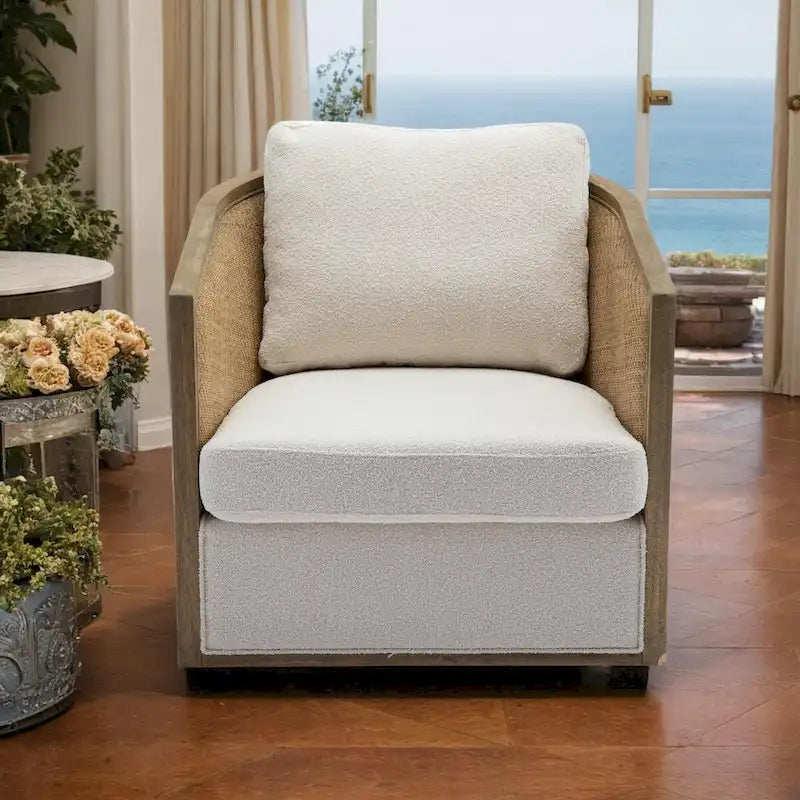 Poltrona Girevole con Botte e Design Rattan, Poltrona Singola Accento in Pelle, Poltrona Club con Cuscino, Poltrona Relax per Soggiorno