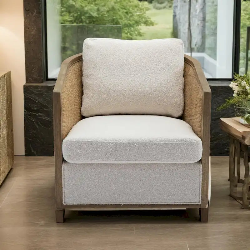Poltrona Girevole con Botte e Design Rattan, Poltrona Singola Accento in Pelle, Poltrona Club con Cuscino, Poltrona Relax per Soggiorno