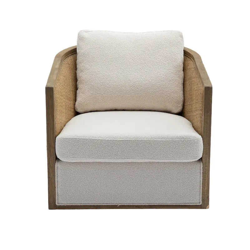 Poltrona Girevole con Botte e Design Rattan, Poltrona Singola Accento in Pelle, Poltrona Club con Cuscino, Poltrona Relax per Soggiorno