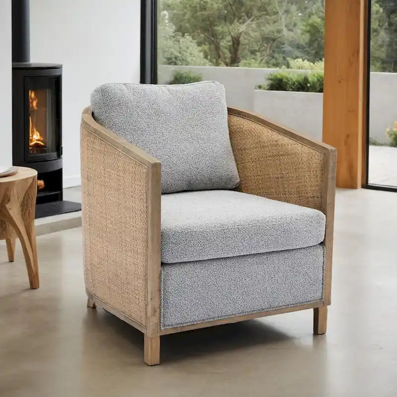 Poltrona Girevole con Botte e Design Rattan, Poltrona Singola Accento in Pelle, Poltrona Club con Cuscino, Poltrona Relax per Soggiorno