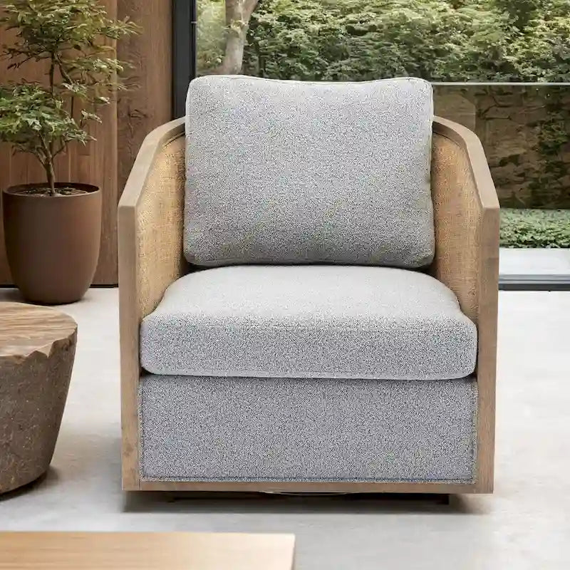 Poltrona Girevole con Botte e Design Rattan, Poltrona Singola Accento in Pelle, Poltrona Club con Cuscino, Poltrona Relax per Soggiorno