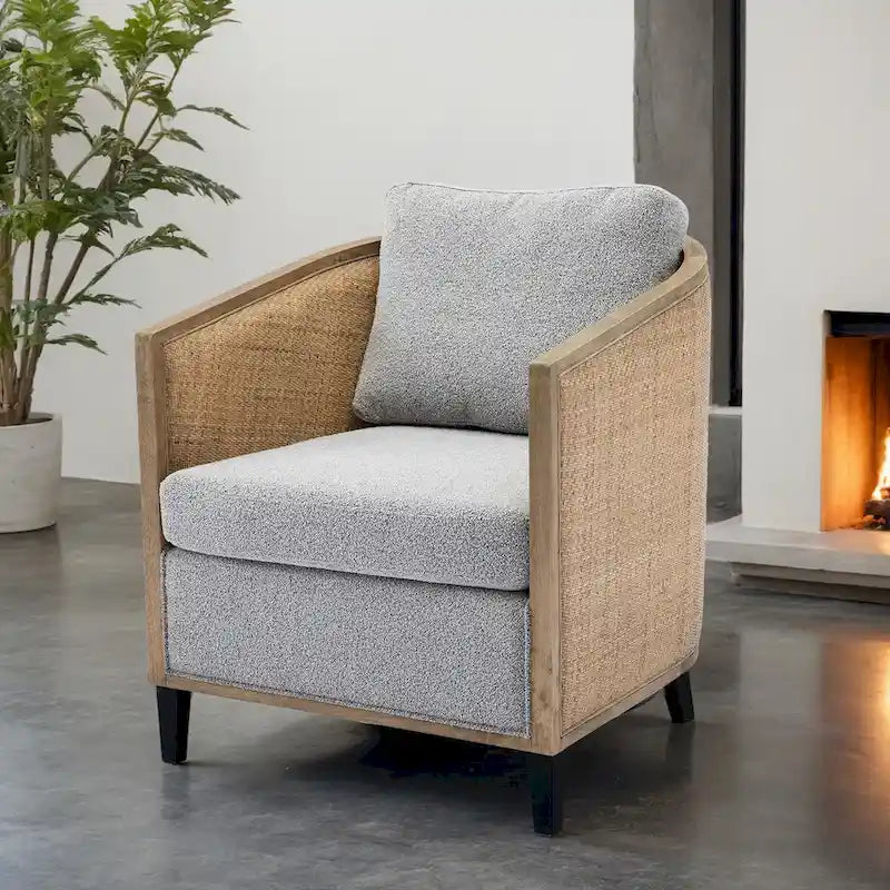 Poltrona Girevole con Botte e Design Rattan, Poltrona Singola Accento in Pelle, Poltrona Club con Cuscino, Poltrona Relax per Soggiorno