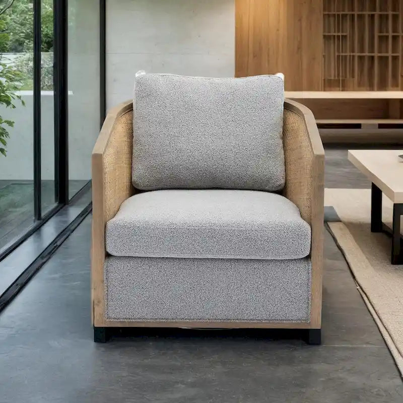 Poltrona Girevole con Botte e Design Rattan, Poltrona Singola Accento in Pelle, Poltrona Club con Cuscino, Poltrona Relax per Soggiorno