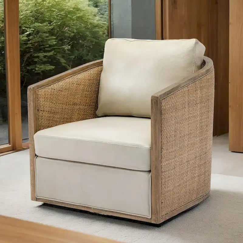 Poltrona Girevole con Botte e Design Rattan, Poltrona Singola Accento in Pelle, Poltrona Club con Cuscino, Poltrona Relax per Soggiorno