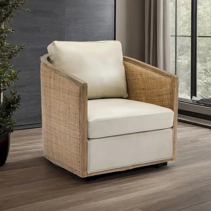 Poltrona Girevole con Botte e Design Rattan, Poltrona Singola Accento in Pelle, Poltrona Club con Cuscino, Poltrona Relax per Soggiorno