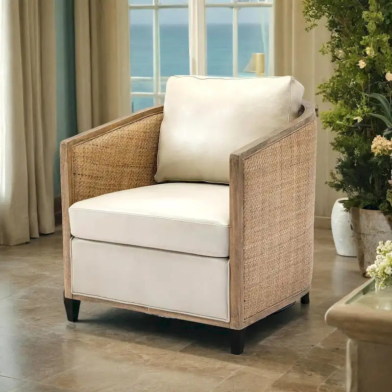 Poltrona Girevole con Botte e Design Rattan, Poltrona Singola Accento in Pelle, Poltrona Club con Cuscino, Poltrona Relax per Soggiorno