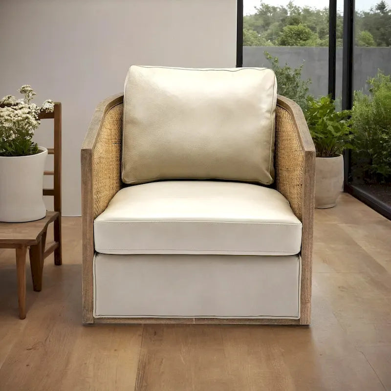 Poltrona Girevole con Botte e Design Rattan, Poltrona Singola Accento in Pelle, Poltrona Club con Cuscino, Poltrona Relax per Soggiorno