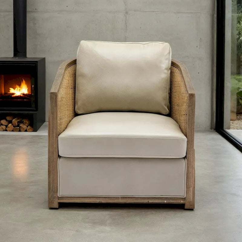 Poltrona Girevole con Botte e Design Rattan, Poltrona Singola Accento in Pelle, Poltrona Club con Cuscino, Poltrona Relax per Soggiorno