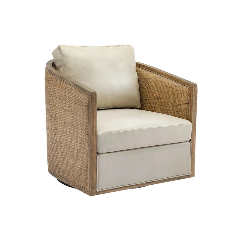 Poltrona Girevole con Botte e Design Rattan, Poltrona Singola Accento in Pelle, Poltrona Club con Cuscino, Poltrona Relax per Soggiorno