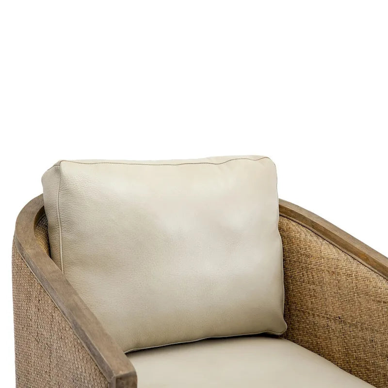 Poltrona Girevole con Botte e Design Rattan, Poltrona Singola Accento in Pelle, Poltrona Club con Cuscino, Poltrona Relax per Soggiorno