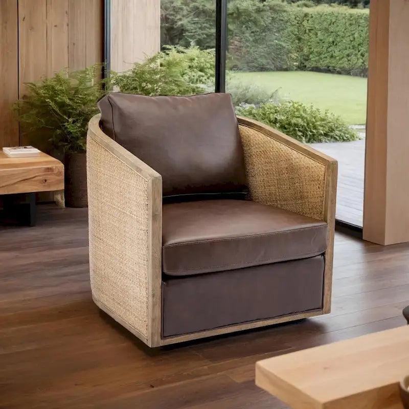 Poltrona Girevole con Botte e Design Rattan, Poltrona Singola Accento in Pelle, Poltrona Club con Cuscino, Poltrona Relax per Soggiorno