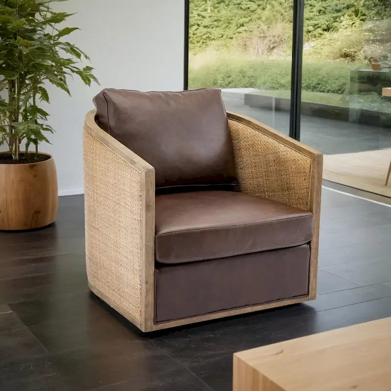 Poltrona Girevole con Botte e Design Rattan, Poltrona Singola Accento in Pelle, Poltrona Club con Cuscino, Poltrona Relax per Soggiorno