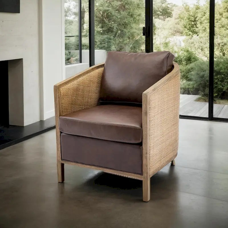 Poltrona Girevole con Botte e Design Rattan, Poltrona Singola Accento in Pelle, Poltrona Club con Cuscino, Poltrona Relax per Soggiorno
