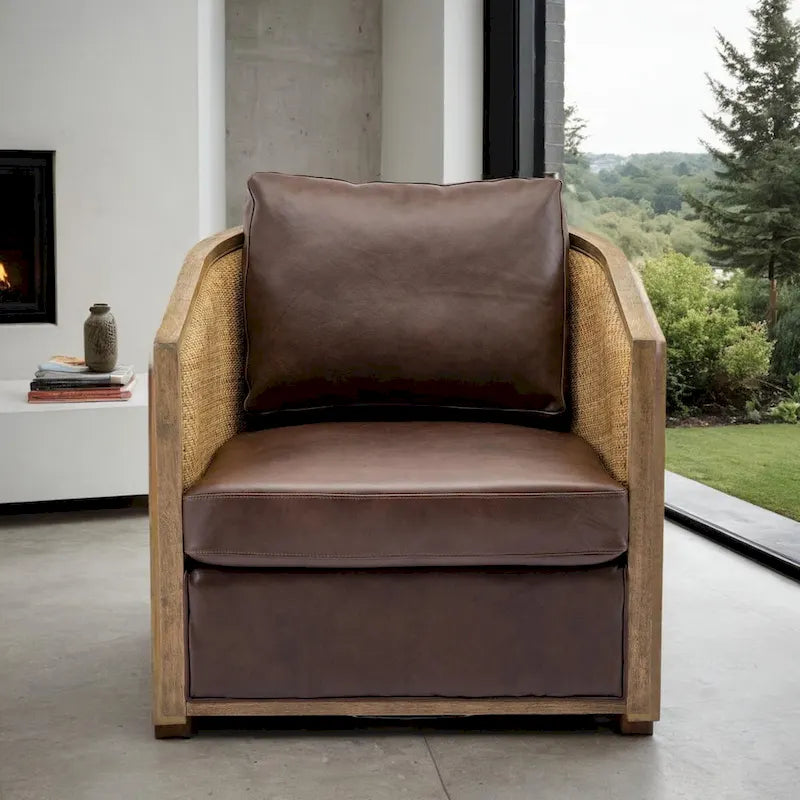 Poltrona Girevole con Botte e Design Rattan, Poltrona Singola Accento in Pelle, Poltrona Club con Cuscino, Poltrona Relax per Soggiorno