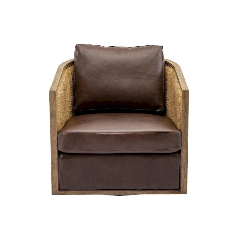 Poltrona Girevole con Botte e Design Rattan, Poltrona Singola Accento in Pelle, Poltrona Club con Cuscino, Poltrona Relax per Soggiorno