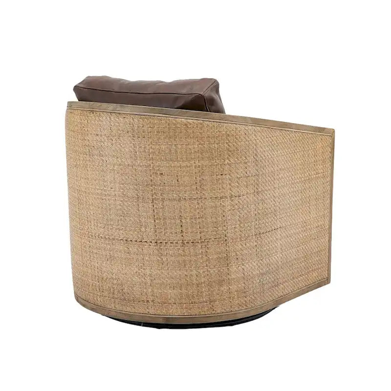 Poltrona Girevole con Botte e Design Rattan, Poltrona Singola Accento in Pelle, Poltrona Club con Cuscino, Poltrona Relax per Soggiorno