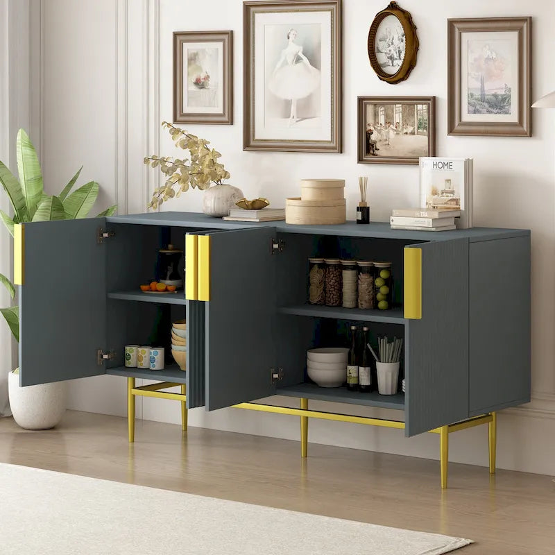 Madia moderna ed elegante a 4 ante con maniglie in metallo dorato, mobile buffet per sala da pranzo, soggiorno, camera da letto, corridoio