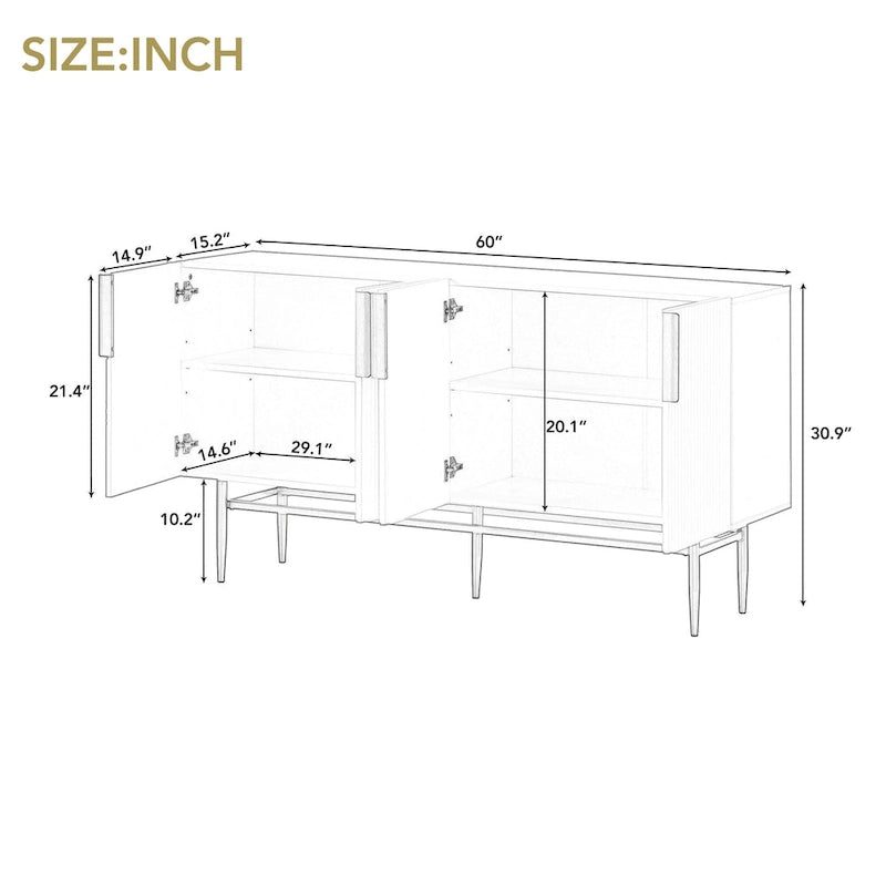 Madia moderna ed elegante a 4 ante con maniglie in metallo dorato, mobile buffet per sala da pranzo, soggiorno, camera da letto, corridoio