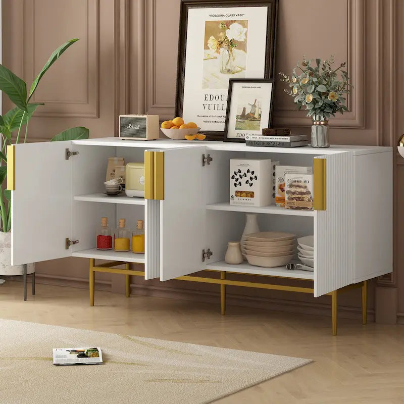 Madia moderna ed elegante a 4 ante con maniglie in metallo dorato, mobile buffet per sala da pranzo, soggiorno, camera da letto, corridoio