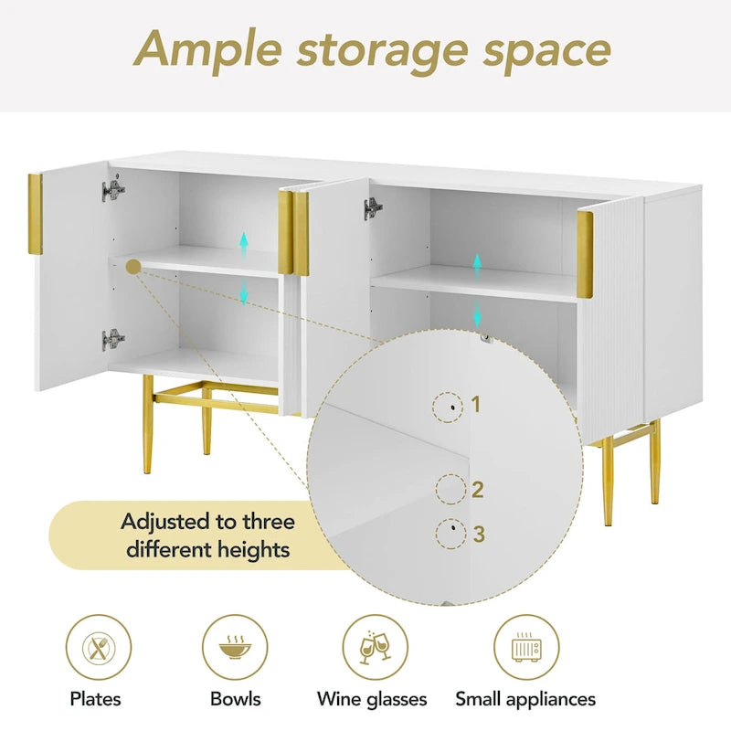 Madia moderna ed elegante a 4 ante con maniglie in metallo dorato, mobile buffet per sala da pranzo, soggiorno, camera da letto, corridoio