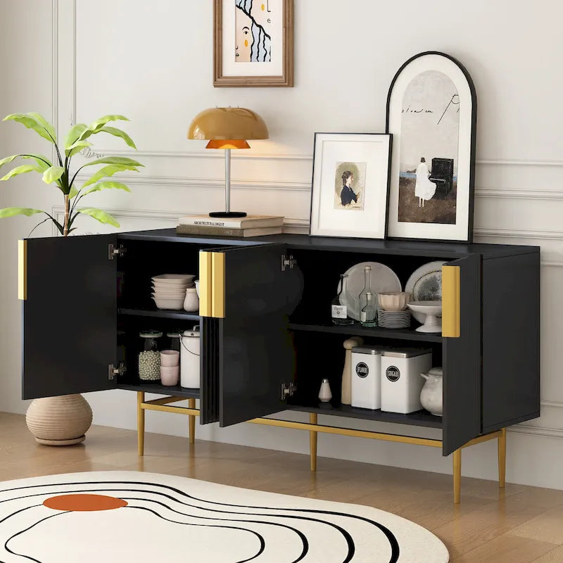 Madia moderna ed elegante a 4 ante con maniglie in metallo dorato, mobile buffet per sala da pranzo, soggiorno, camera da letto, corridoio