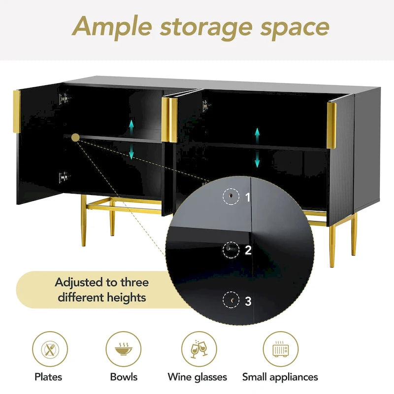 Madia moderna ed elegante a 4 ante con maniglie in metallo dorato, mobile buffet per sala da pranzo, soggiorno, camera da letto, corridoio